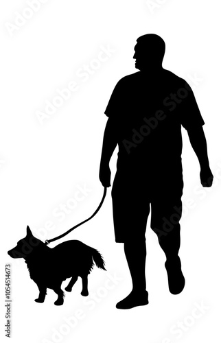 Dog on leash, man walking pet, silhouette. Vector illustration