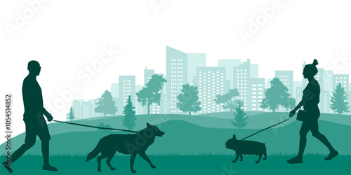 Walking dogs in the park on background of city, silhouette. Vector illustration