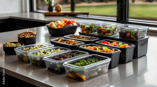 A meticulously organized set of Tupperware containers, each filled with different meal-prepped foods like mixed salads, roasted vegetables, and quinoa, arranged on a sleek countert photo