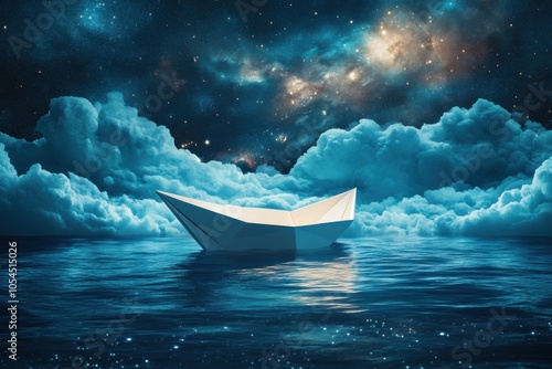 Paper boat floating in the ocean under a starr sky photo