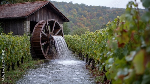 A wooden waterwheel sits in a vineyard, with water cascading from it into a stream.  Autumn leaves are visible on the hillside in the background. photo