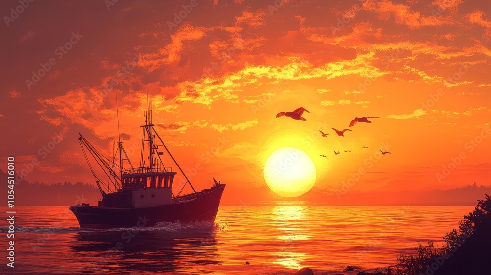 Fototapeta premium A fishing boat sails on the ocean at sunset with a flock of birds flying overhead. The sun is setting in the distance, casting a golden glow on the water and sky.
