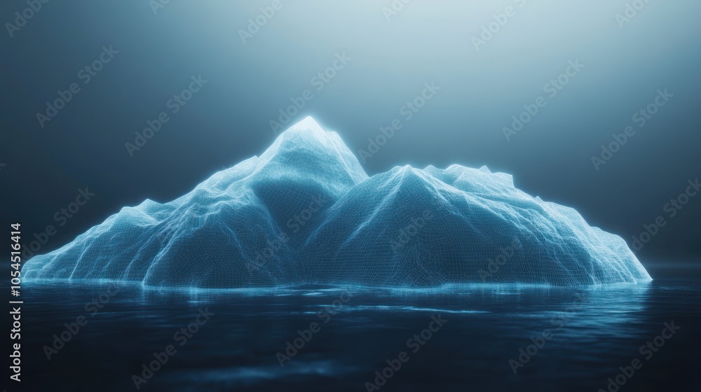 A glowing iceberg illuminated in a serene, foggy atmosphere. A glowing iceberg illuminated in a serene, foggy atmosphere.