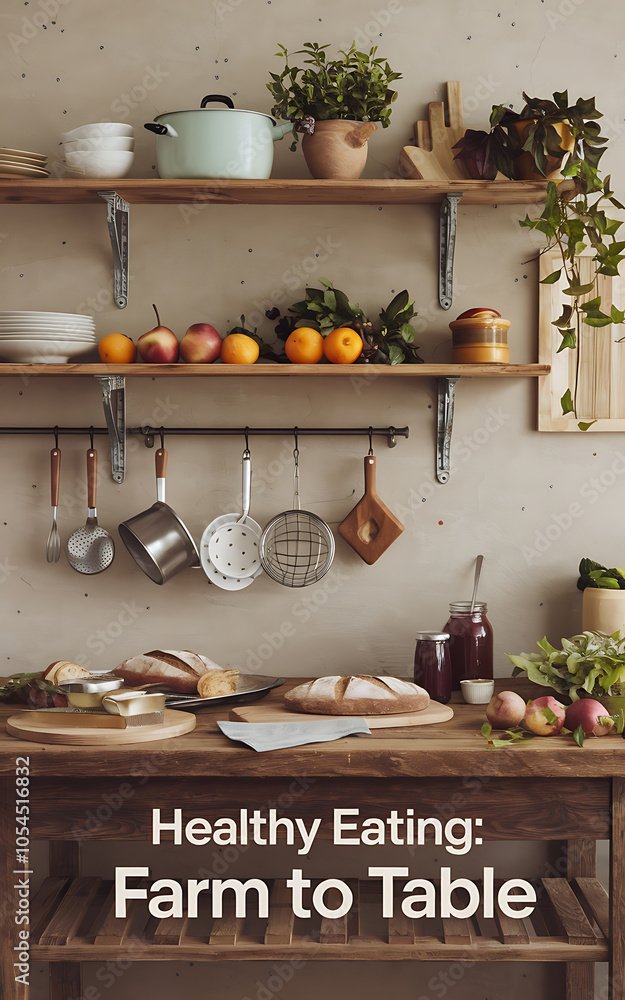 Rustic Kitchen with Green and Brown Tones Farm to Table Healthy Eating Concept Rustic Kitchen with Green and Brown Tones Farm to Table Healthy Eating Concept