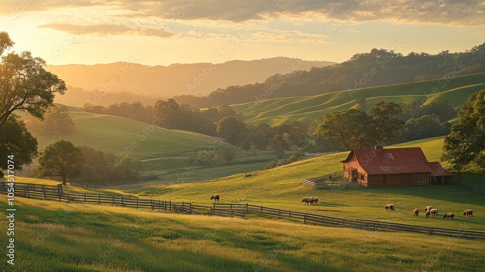 A red-roofed farmhouse sits in a field of green grass surrounded by rolling hills, all bathed in the golden light of a setting sun. A red-roofed farmhouse sits in a field of green grass surrounded by rolling hills, all bathed in the golden light of a setting sun.
