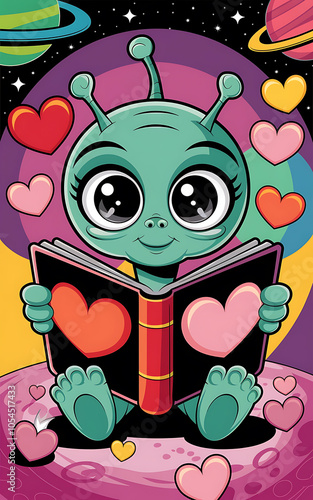 Cute green alien reading book with hearts  space background  love and friendship  Valentine s Day   
