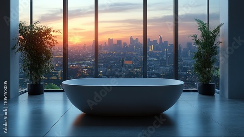 A modern bathroom with a large window overlooking a city skyline at sunset. The bathroom has a large freestanding bathtub and two plants in pots.