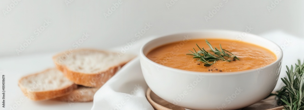 Delicious warm soup in an elegant bowl on a wooden plate accompanied by slices of fresh bread and a white napkin Delicious warm soup in an elegant bowl on a wooden plate accompanied by slices of fresh bread and a white napkin