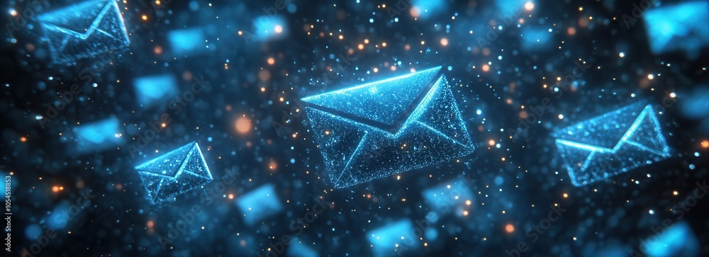 Glowing blue envelopes fill a dark digital space, symbolizing modern email marketing in a fast-paced digital landscape Glowing blue envelopes fill a dark digital space, symbolizing modern email marketing in a fast-paced digital landscape