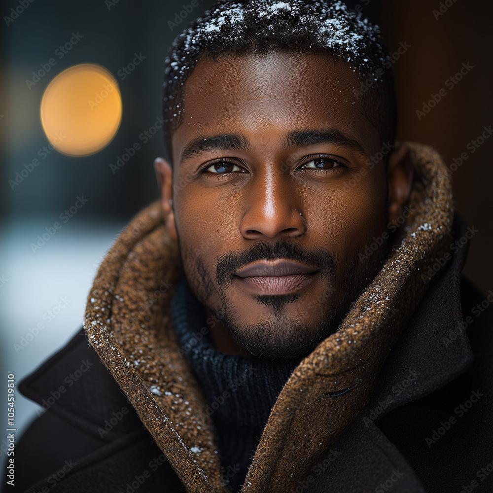 Closeup of African American Man Wearing Brown Winter Coat with Snow in His Hair, Editorial Model Closeup of African American Man Wearing Brown Winter Coat with Snow in His Hair, Editorial Model
