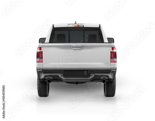 Rear View of White Pickup Truck with Dual Exhaust and Hitch Receiver on Plain Background