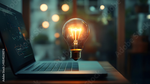 Floating light bulb on laptop showing technology innovation and startup concept. Business idea and innovation concept