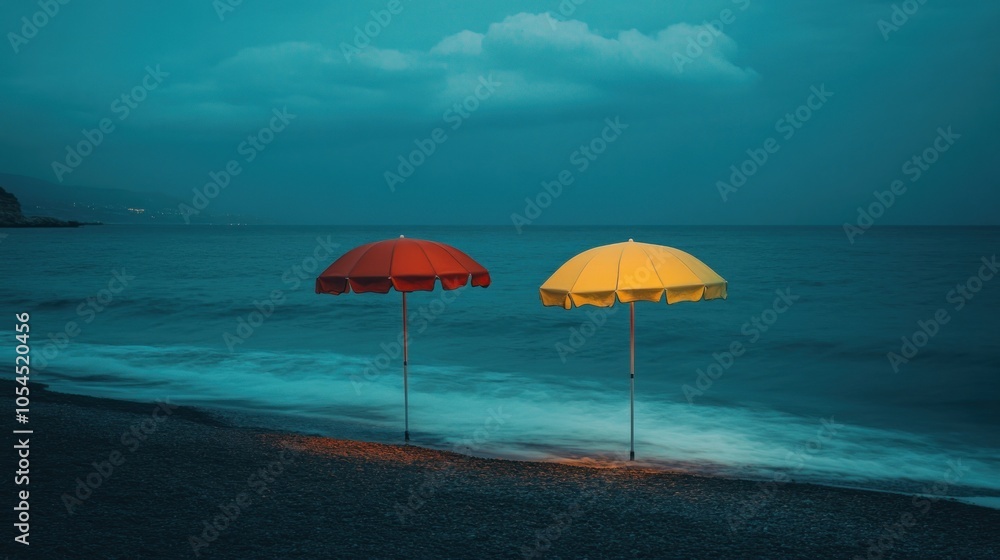 Two colorful beach umbrellas stand on a pebbled shore against a moody ocean backdrop. Two colorful beach umbrellas stand on a pebbled shore against a moody ocean backdrop.