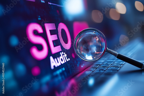 Graphs of rising web traffic with a magnifying glass hovering over a keyword search bar labeled 