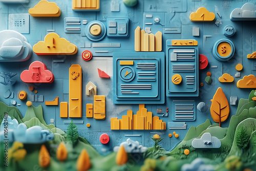 Animated-style page layout showcasing SEO concepts like site structure, keyword placement, and search ranking.