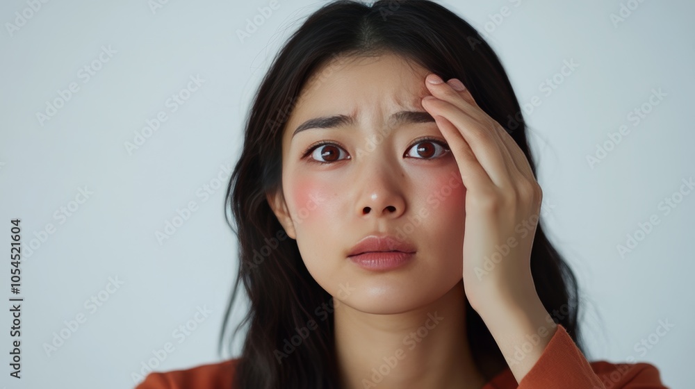 An Asian woman experiences discomfort in her eyes, including pain, irritation, and itching. She touches her eyes, and a red spot appears. The woman is isolated on a white background. An Asian woman experiences discomfort in her eyes, including pain, irritation, and itching. She touches her eyes, and a red spot appears. The woman is isolated on a white background.