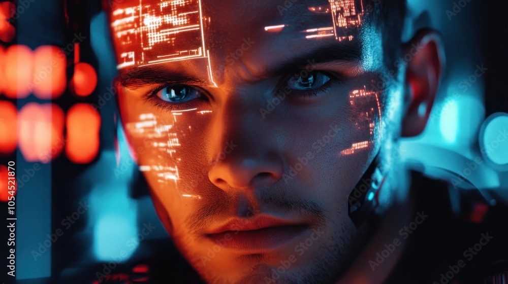A close-up of a young man with digital interfaces projected on his face, suggesting technology. A close-up of a young man with digital interfaces projected on his face, suggesting technology.