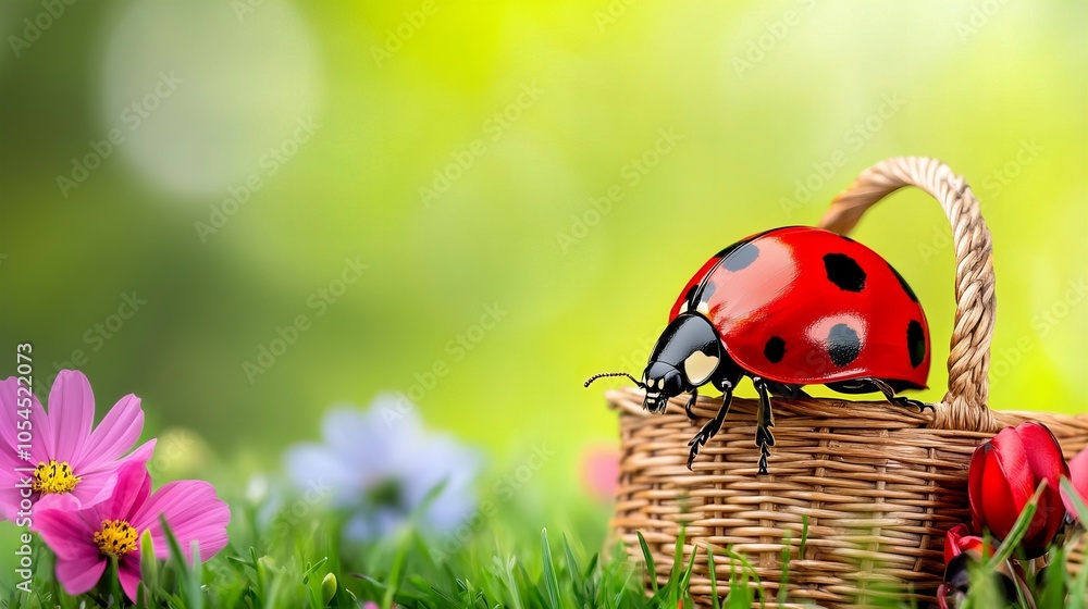 A ladybug sits on the edge of a wicker basket in a field of wildflowers. A ladybug sits on the edge of a wicker basket in a field of wildflowers.