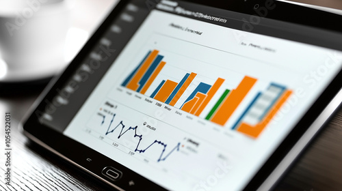 Search ranking and traffic graphs displayed on a tablet with upward-trending arrows.