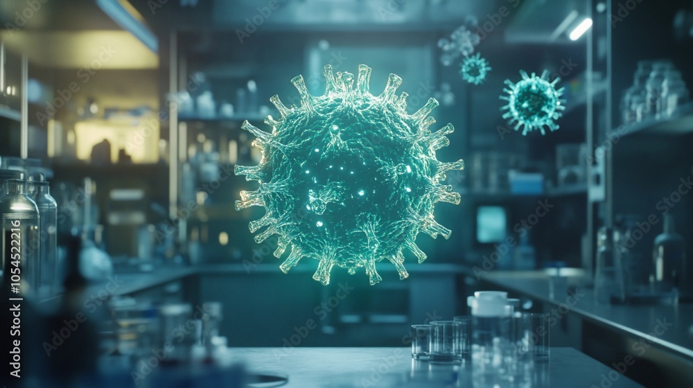 radiant sphere emitting light, representing immunity, floating in a laboratory setting with viruses deflecting off, futuristic, green and blue tones