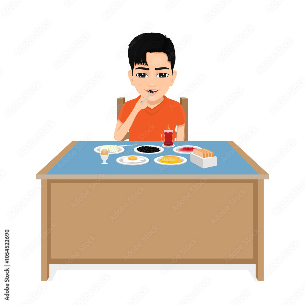 Asian male student having breakfast Asian male student having breakfast