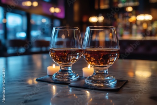 Cozy bar ambiance with two snifters of dark liquor on a wooden table under warm atmospheric lighting capturing the essence of relaxation and social warmth