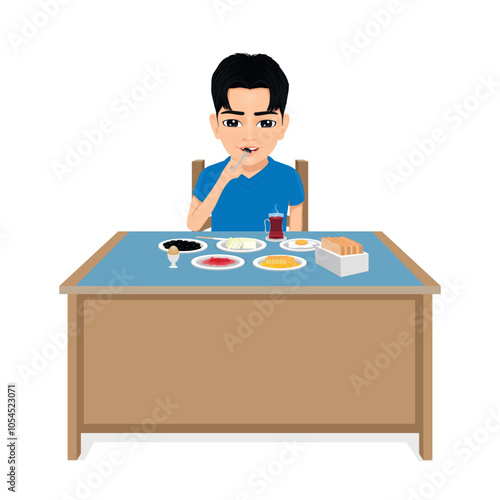 Asian male student having breakfast
