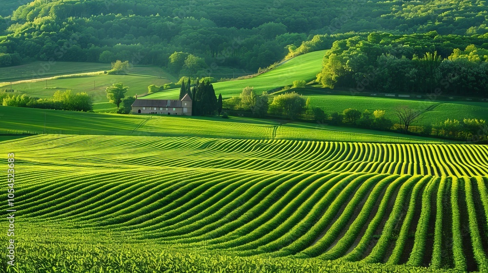 Rolling green fields with farmhouse nestled amidst lush crops Rolling green fields with farmhouse nestled amidst lush crops