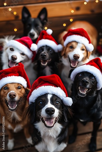 Dogs wearing Christmas hats, posing happily for a holiday-themed banner.