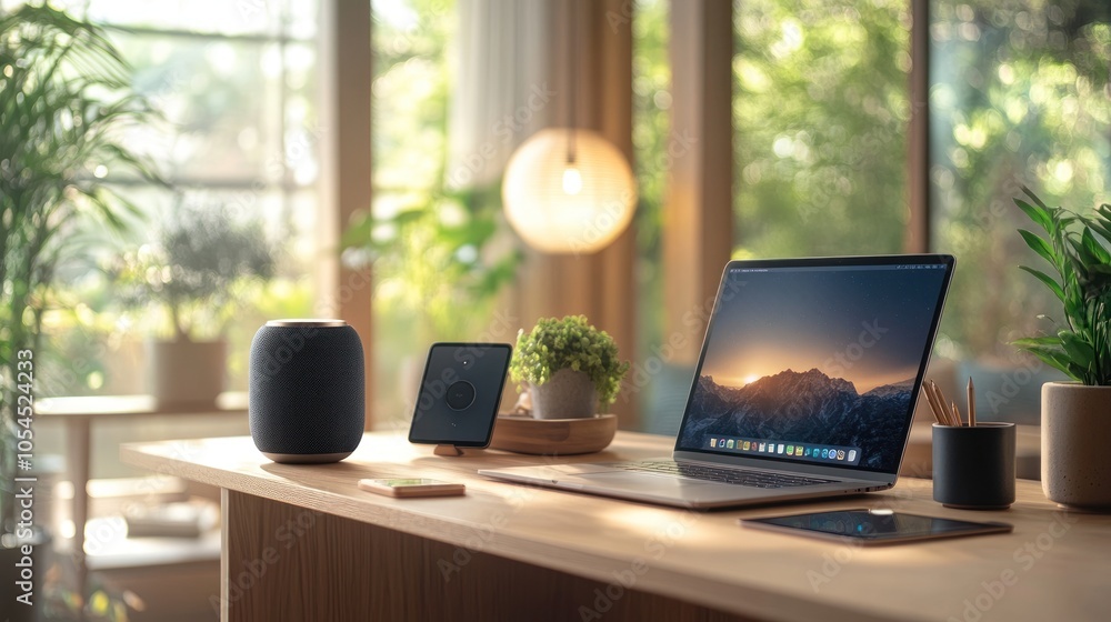 A minimalist workspace with a laptop, smart speaker, tablet, phone, and potted plants on a wooden desk. A minimalist workspace with a laptop, smart speaker, tablet, phone, and potted plants on a wooden desk.