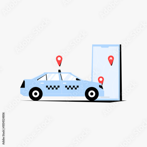 Taxi car with mobile phone displaying location markers in flat vector illustration symbolizing transportation service, taxi app, and online booking, isolated on white background.