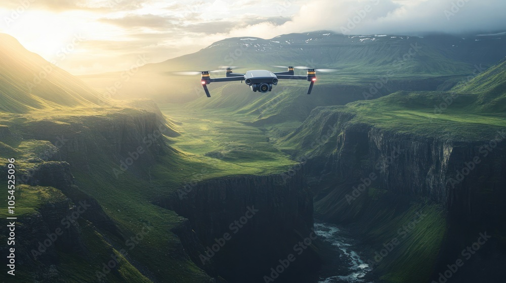 Fototapeta premium A drone flies over a scenic valley with lush green hills and a river running through it. The sun is setting in the background, casting a warm glow over the landscape.