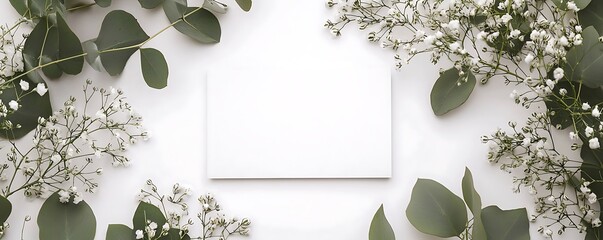 Elegant babya??s breath and eucalyptus arrangement with a blank greeting card on a white background.