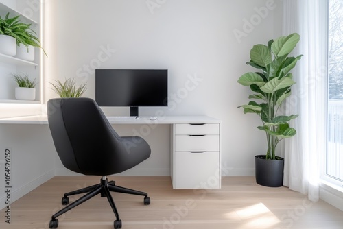 Modern minimalist home office with a sleek white desk, ergonomic black chair