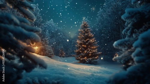 holiday winter christmas night background with snow and trees