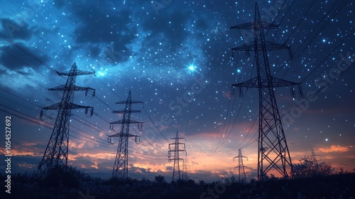 A serene landscape featuring power lines against a starry sky at sunset.