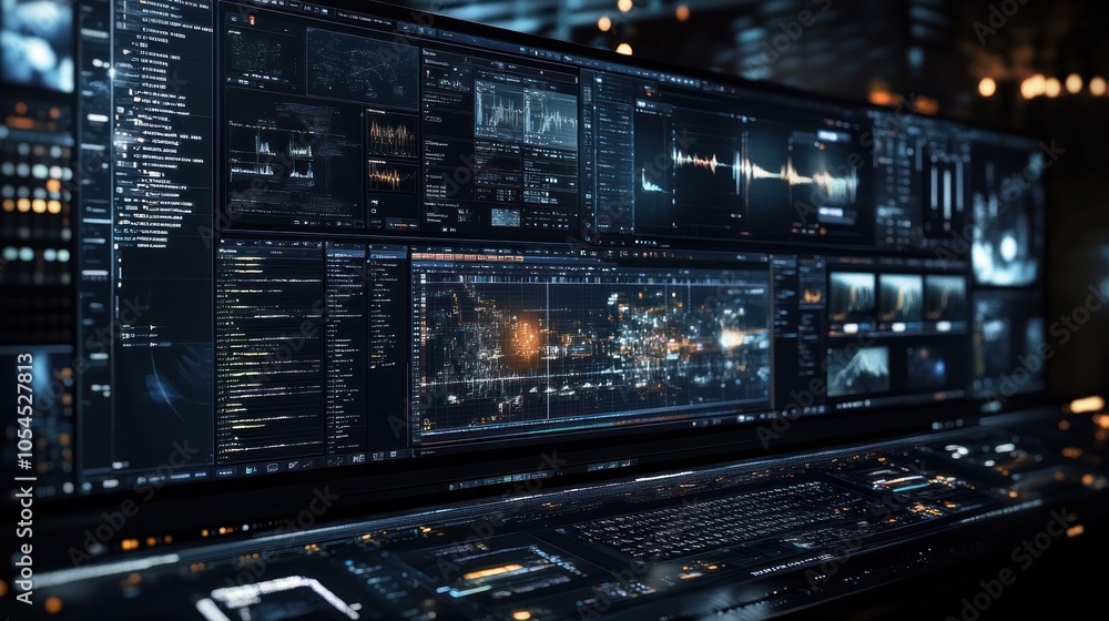 A futuristic control panel displaying data and analytics in a high-tech environment. A futuristic control panel displaying data and analytics in a high-tech environment.