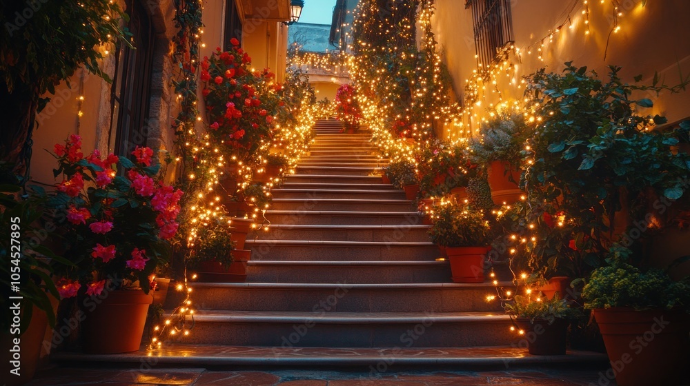 A stone staircase leading up a narrow street, decorated with fairy lights and potted plants, creates a romantic and enchanting atmosphere. A stone staircase leading up a narrow street, decorated with fairy lights and potted plants, creates a romantic and enchanting atmosphere.