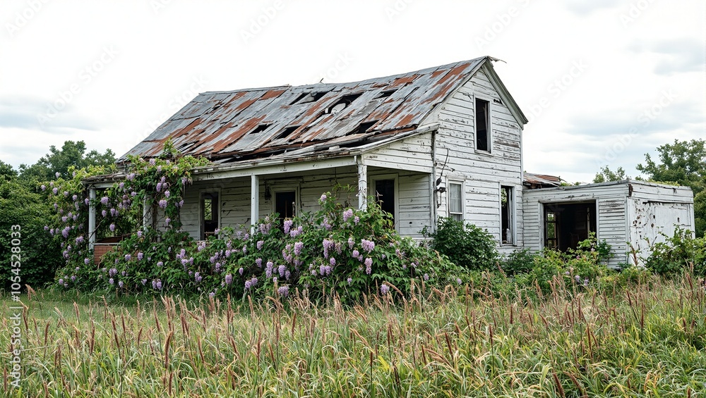 Abandoned farmhouse with sagging roof overgrown wisteria vines and wild bushes reclaiming the garden Abandoned farmhouse with sagging roof overgrown wisteria vines and wild bushes reclaiming the garden