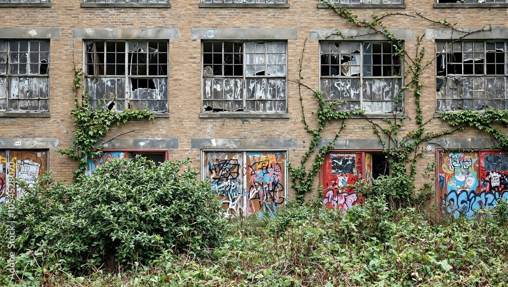 Abandoned school overrun by nature with graffiti cracked windows and overgrown playground Abandoned school overrun by nature with graffiti cracked windows and overgrown playground