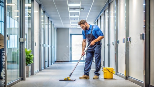 Janitor With Broom Cleaning Office Corridor