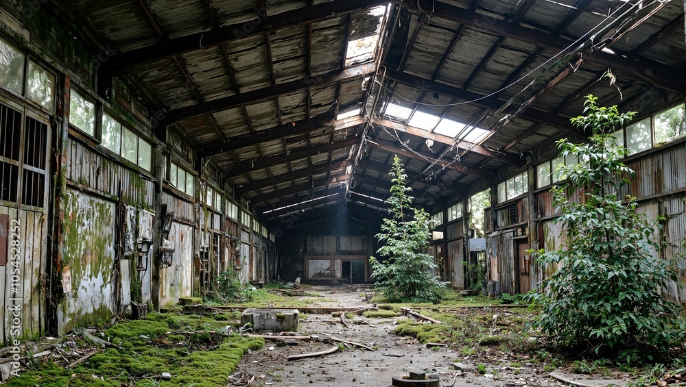 Abandoned warehouse reclaimed by nature with moss covered walls and trees growing inside Abandoned warehouse reclaimed by nature with moss covered walls and trees growing inside