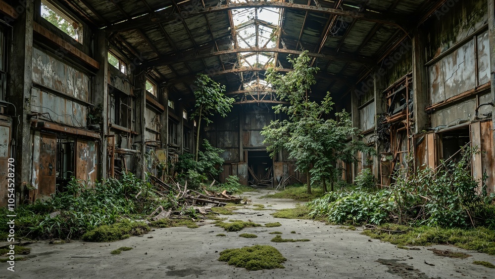 Abandoned warehouse reclaimed by nature with moss covered walls and trees growing inside Abandoned warehouse reclaimed by nature with moss covered walls and trees growing inside