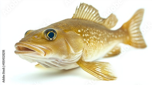 Pacific cod known scientifically as Gadus macrocephalus is positioned against a pristine white backdrop highlighting its unique physical attributes and textures. photo