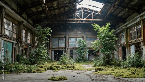 Abandoned warehouse reclaimed by nature with moss covered walls and trees growing inside