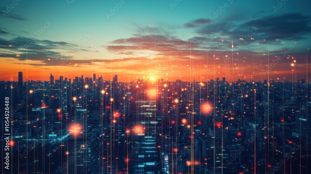 A vibrant city skyline at sunset, with glowing lights and a digital overlay effect. A vibrant city skyline at sunset, with glowing lights and a digital overlay effect.