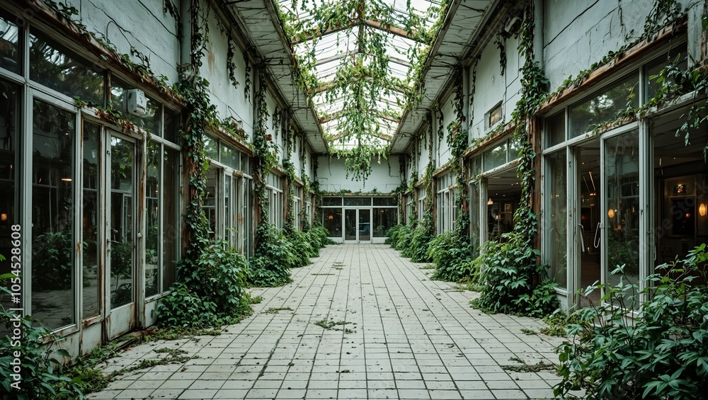 Abandoned mall with broken glass rusted frames and overgrown ivy Abandoned mall with broken glass rusted frames and overgrown ivy