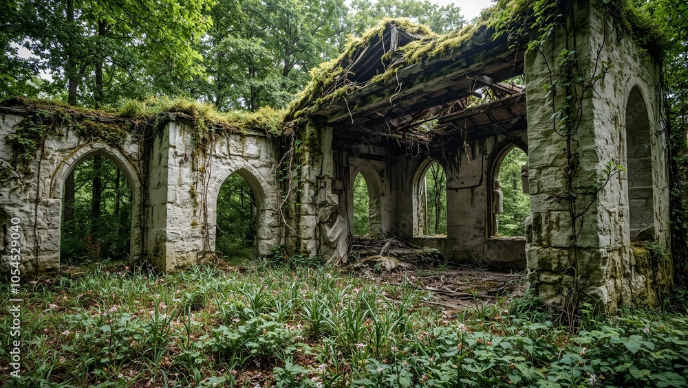Abandoned stone chapel in forest roof collapsed mossy walls wildflowers inside vines on altar Abandoned stone chapel in forest roof collapsed mossy walls wildflowers inside vines on altar