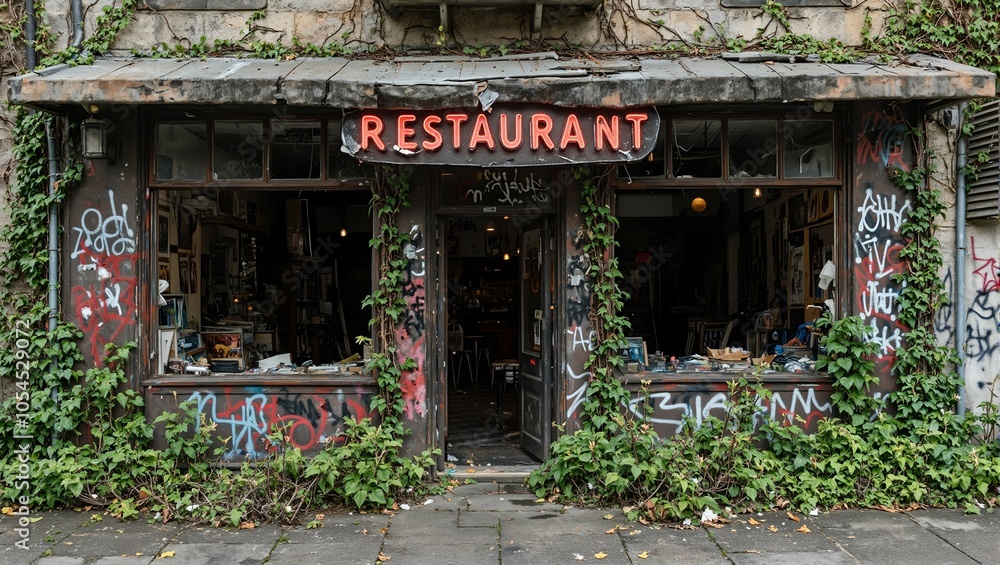 Naklejka premium Abandoned restaurant with shattered neon sign graffiti covered walls wildflowers and vines inside