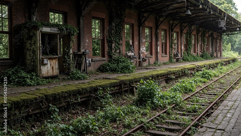 Eerie abandoned train station overgrown with moss vines and rusted tracks